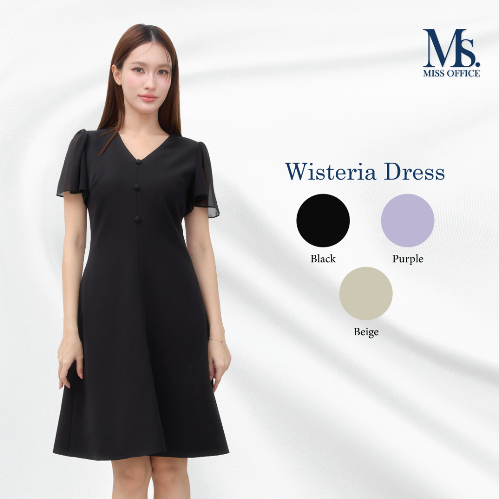 Miss Office เดรสคอวีแขนระบายแต่งกระดุมหน้า (Wisteria Dress) (MD-151)