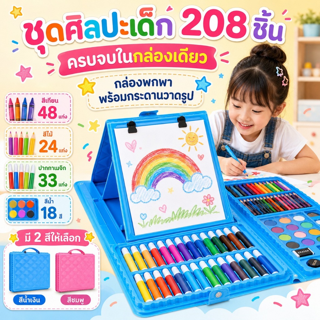 KiKi ชุดระบายสีเด็ก 208 ชิ้น กล่องศิลปะพกพา