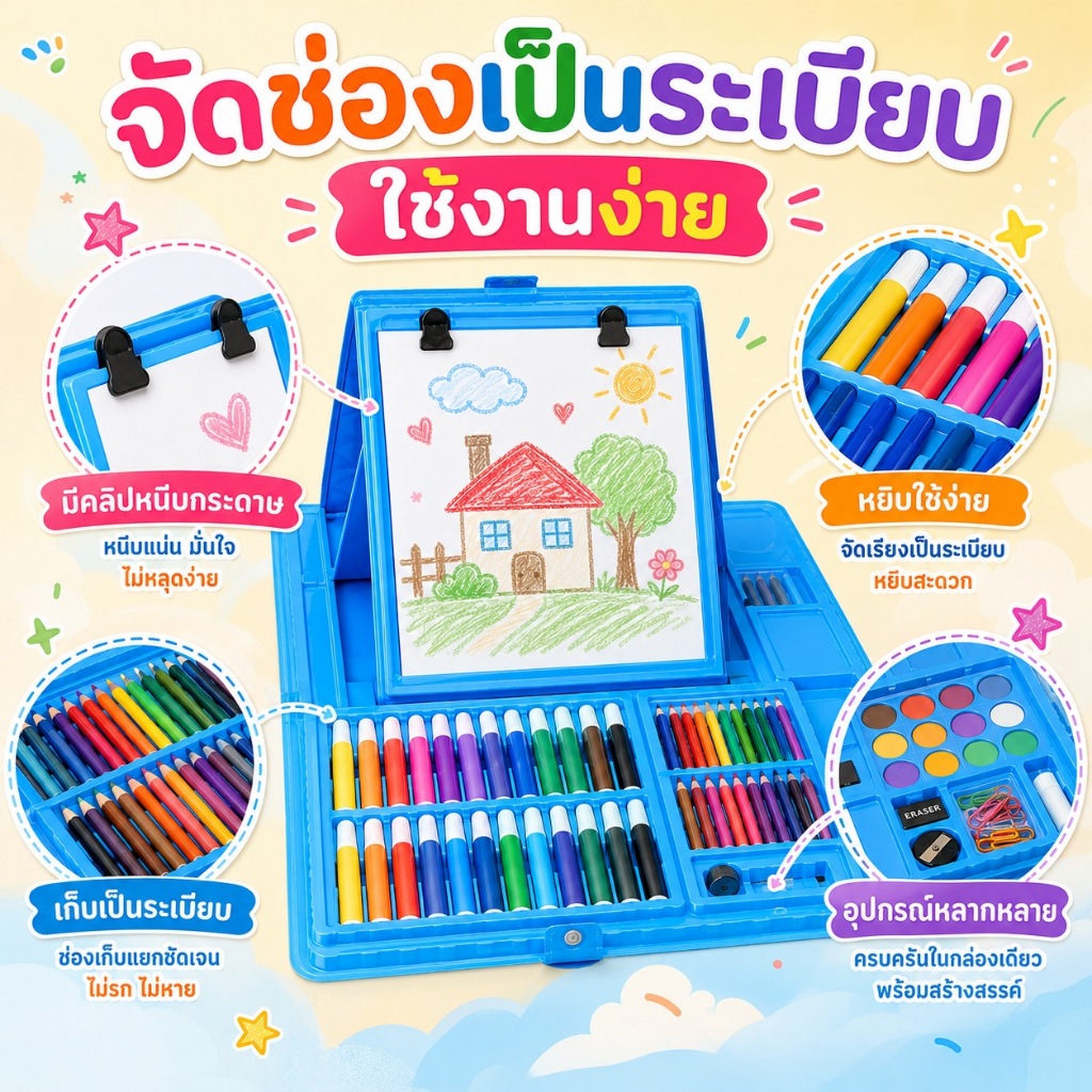 KiKi ชุดระบายสีเด็ก 208 ชิ้น กล่องศิลปะพกพา รูปที่ 2