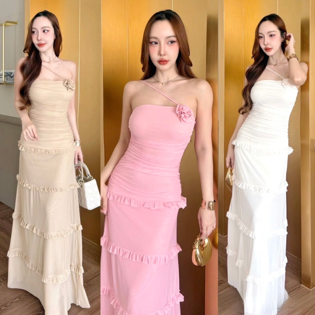 A1024 - เดรสยาวเกาะอกแต่งดอกไม้ ชุดออกงาน ชุดเดรสยาว
