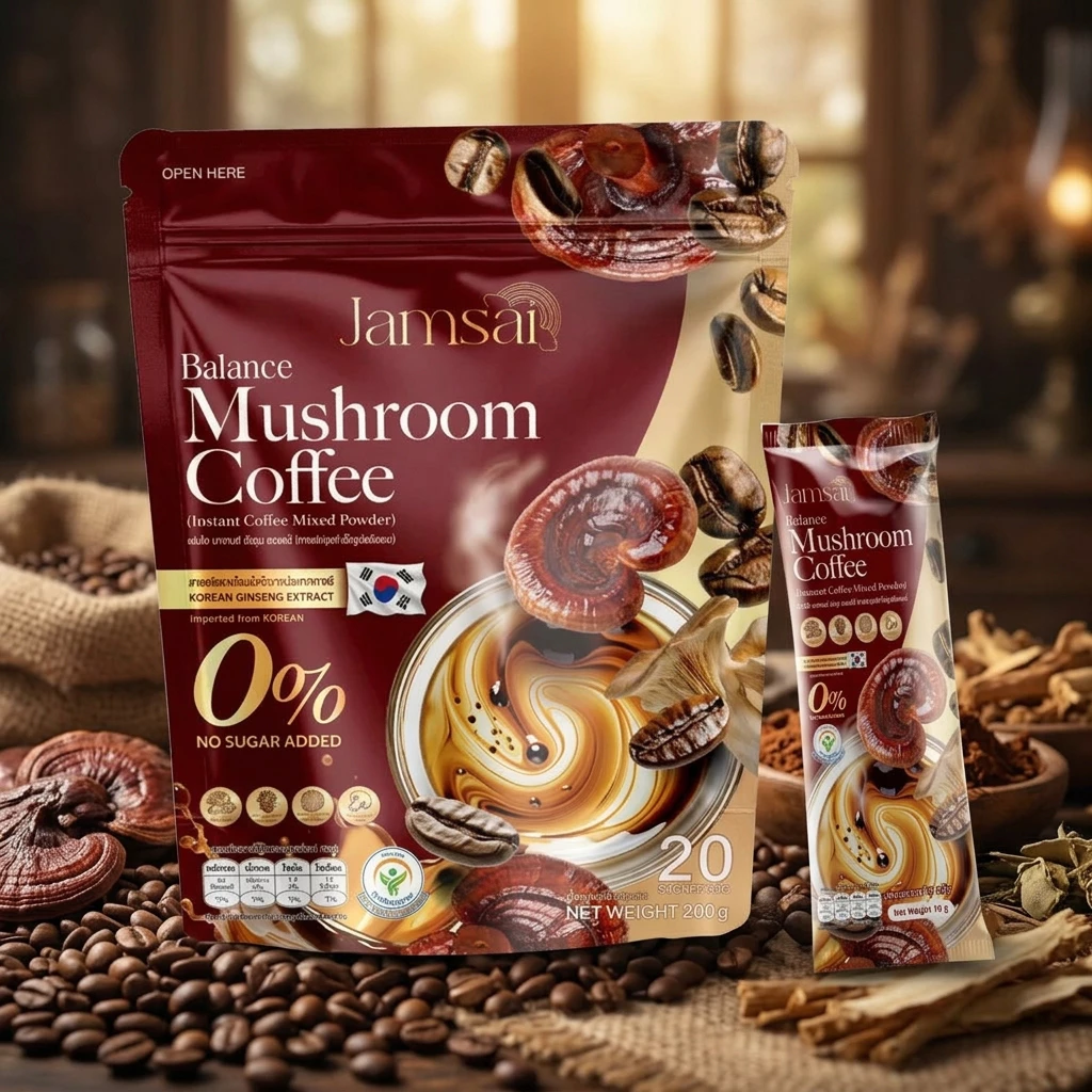 แจ่มใส กาแฟเห็ด Jamsai Balance Mushroom Coffee 1 ห่อ 20 ซอง