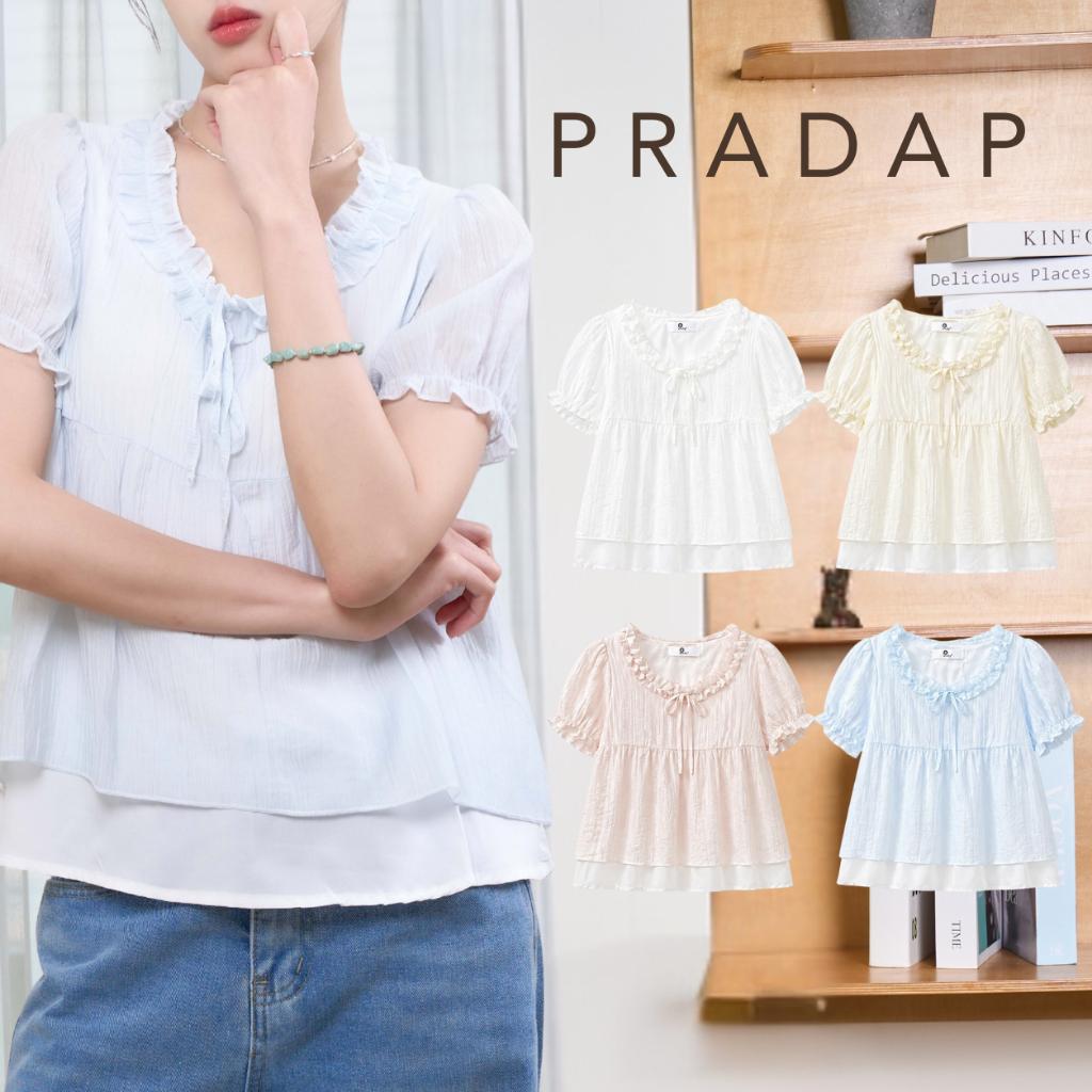 Pradap_brand:Pastal Frill Top เสื้อระบายคอหวาน ลุคลูกคุณหนู