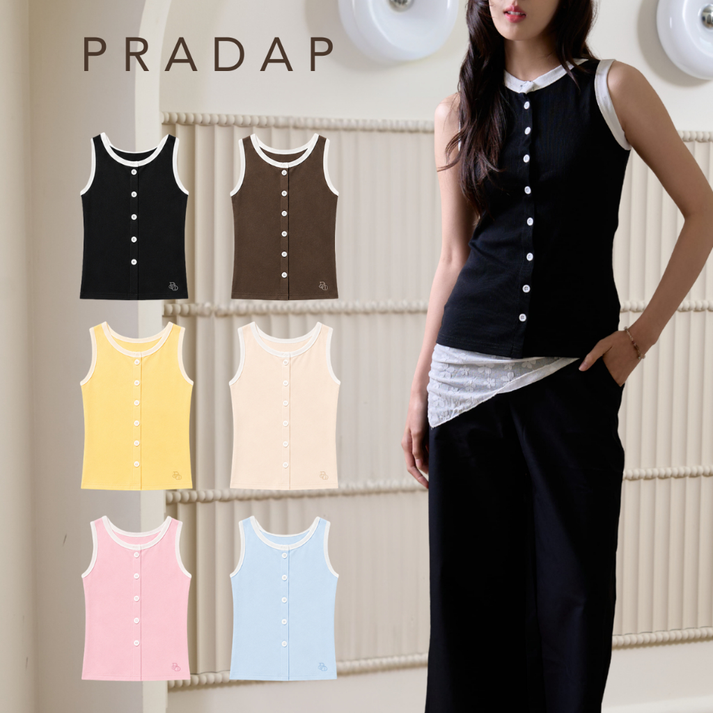 Pradap_brand:Rib Button Tank Top เสื้อกล้ามคอกลม กระดุมหน้า ผ้ายืดเข้ารูป ใส่สบาย