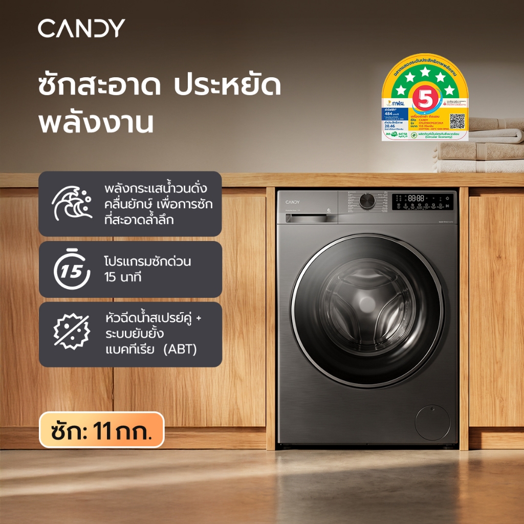 Candy เครื่องซักผ้า เครื่องซักผ้าฝาหน้า 11 kg Inverter ประหยัดไฟ ซักเร็ว ลดแบคทีเรีย ลดกลิ่นอับ รับประกันมอเตอร์ 12ปี