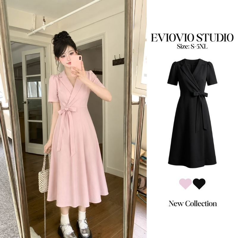S-5XL สินค้าใหม่【EVIOVIO】🤩เดรสยาวมินิมอล คอวีสไตล์เกาหลี พรางหุ่นสวยด้วยสายผูกเอว  ชุดไปคาเฟ่ ชุดทำงาน ออฟฟิศ พร้อมส่ง🍥