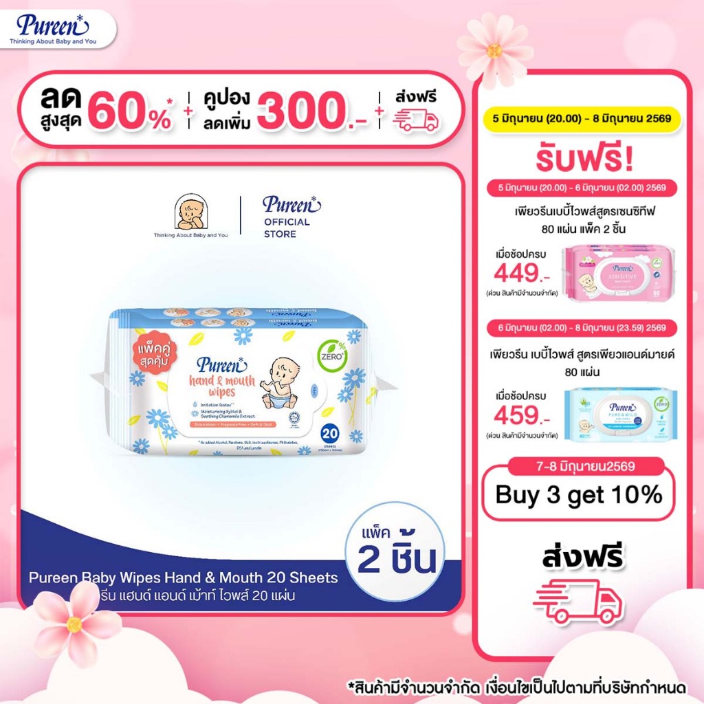 [1 แถม 1] Pureen เพียวรีน แฮนด์แอนด์เม้าท์ไวพส์ 20 แผ่น x2 ห่อ ทิชชู่เปียก เช็ดมือและปาก เพื่อสุขอนามัยที่ดีของลูกน้อย