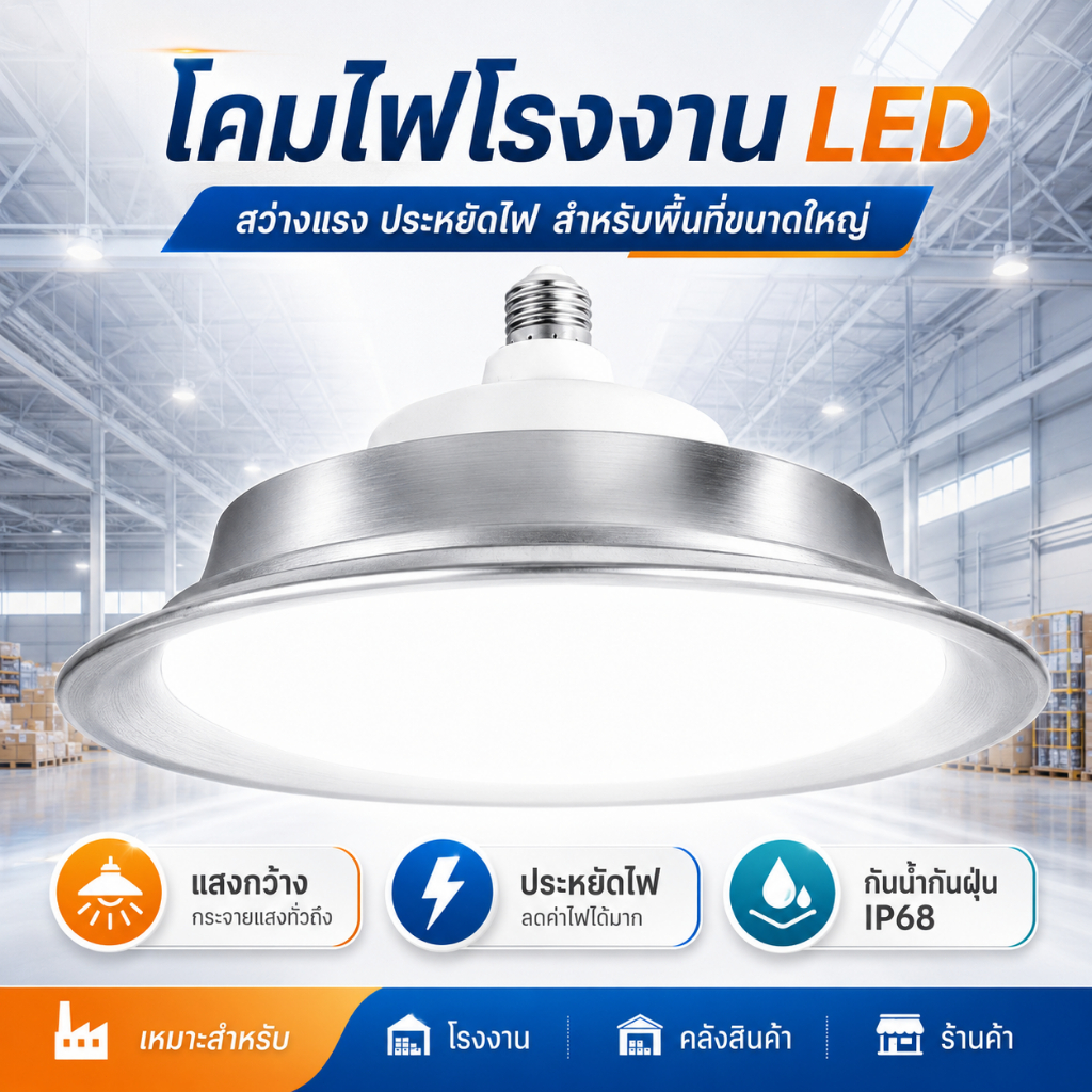 โคมไฟโรงงาน LED E27 สว่างแรง ประหยัดไฟสูง โคมไฟไฮเบย์อุตสาหกรรม แสงขาว กันน้ำ IP68 สำหรับโรงงาน คลังสินค้า โรงเรือน