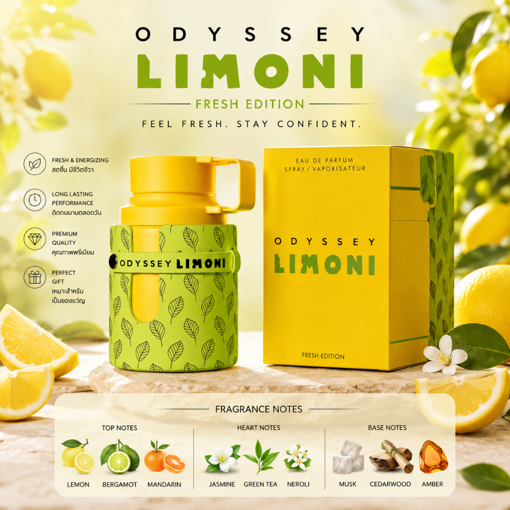 Armaf Odyssey Limoni EDP 100ml น้ำหอมผู้ชาย กลิ่น Citrus Fresh Lemon Bergamot ติดทนนาน Luxury Perfume UAE
