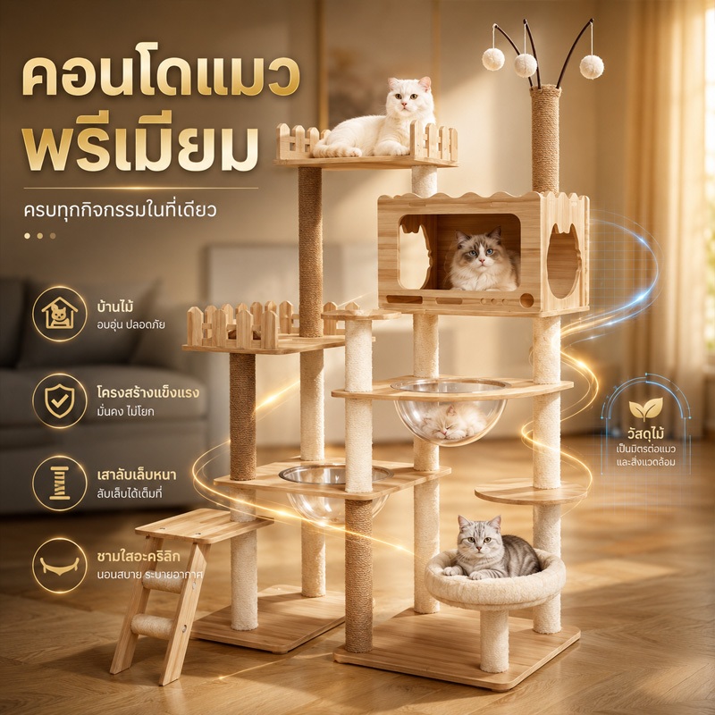 คอนโดแมวใหญ่ โครงปีนแมว เตียงแมวไม้ หลุมอวกาศ ปราสาทขนาดใหญ่ ครอบครัว Multicat ของเล่นแมว