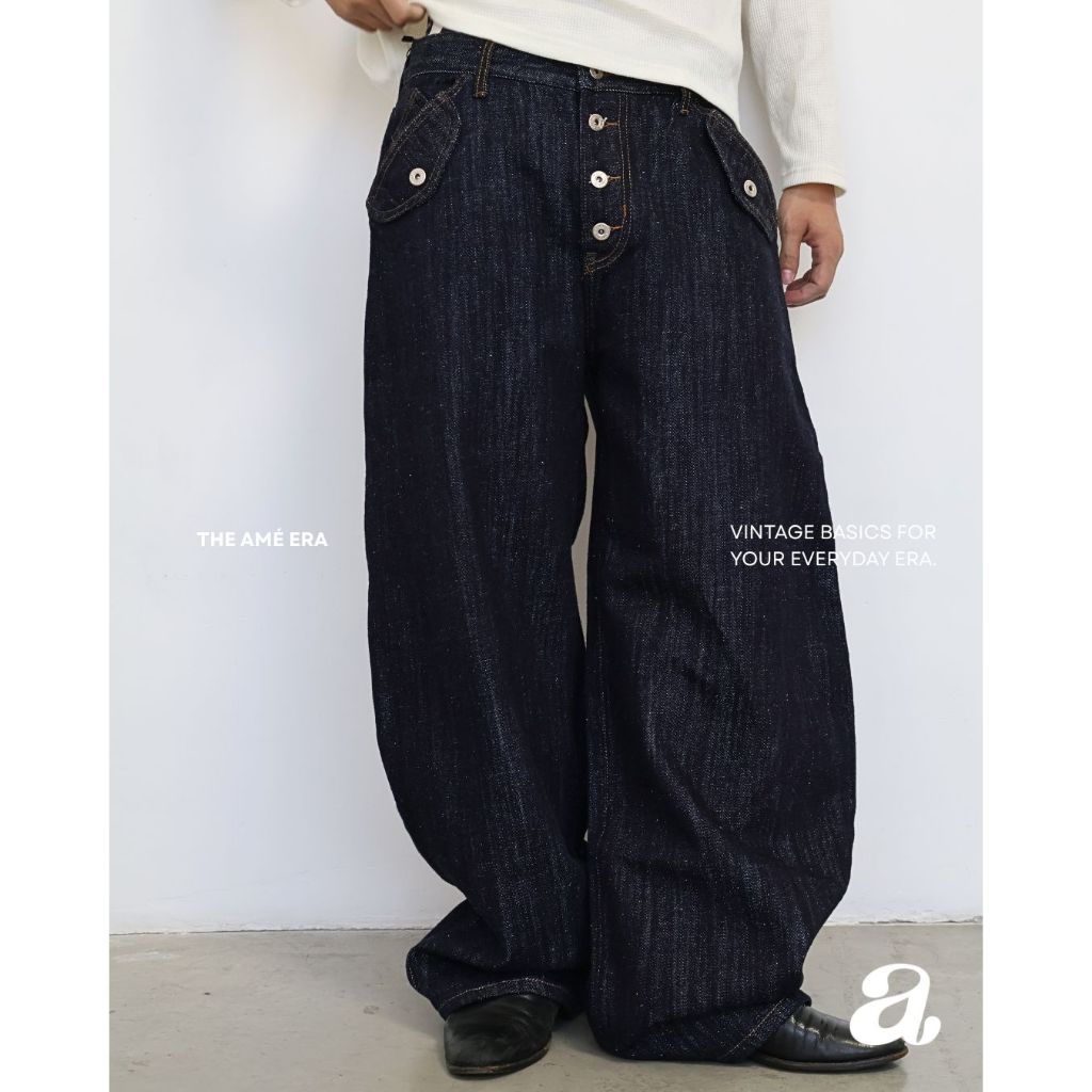 Ame.co.th | Ame Slubby Double Row Jeans Special Collection | กางเกงยีนส์ทรงโค้ง Vintage Slub ดีเทลกระดุมยาว ใช้งานได้จริ