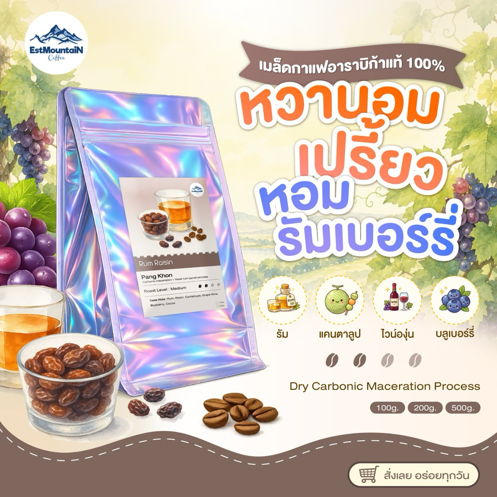 เมล็ดกาแฟ คั่วกลางอ่อนรัมเรซิ่น Rum Raisin