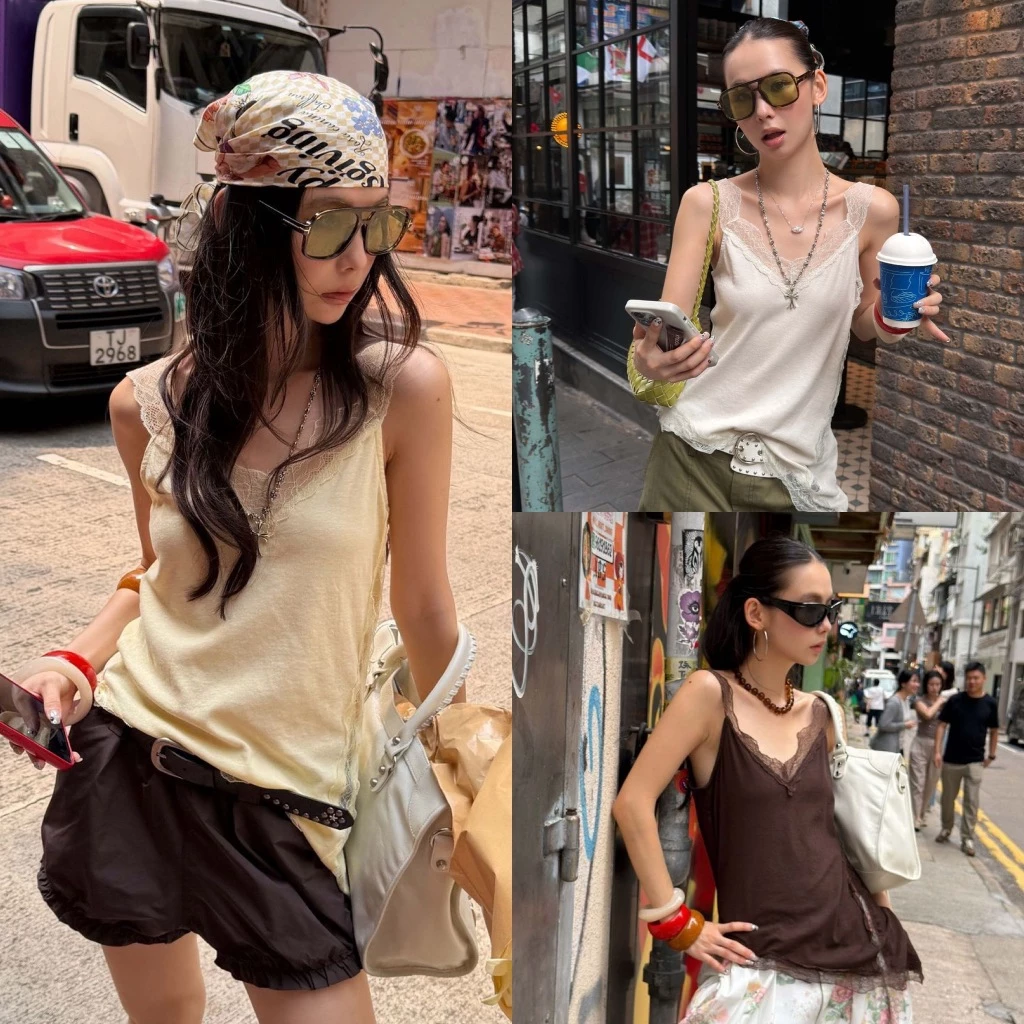 **พร้อมส่งSM**BY0553 เสื้อกล้ามทรงหลวม*สายลูกไม้ ผ้าคอตตอนบางปลายเบี่ยง benly co