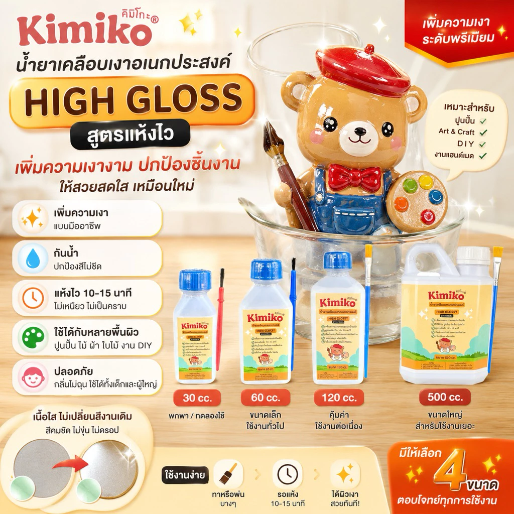 Kimiko High Glossy น้ำยาเคลือบเงาอเนกประสงค์ เคลือบเงาแห้งไว กันน้ำ สำหรับปูนปั้น งานศิลปะ DIY