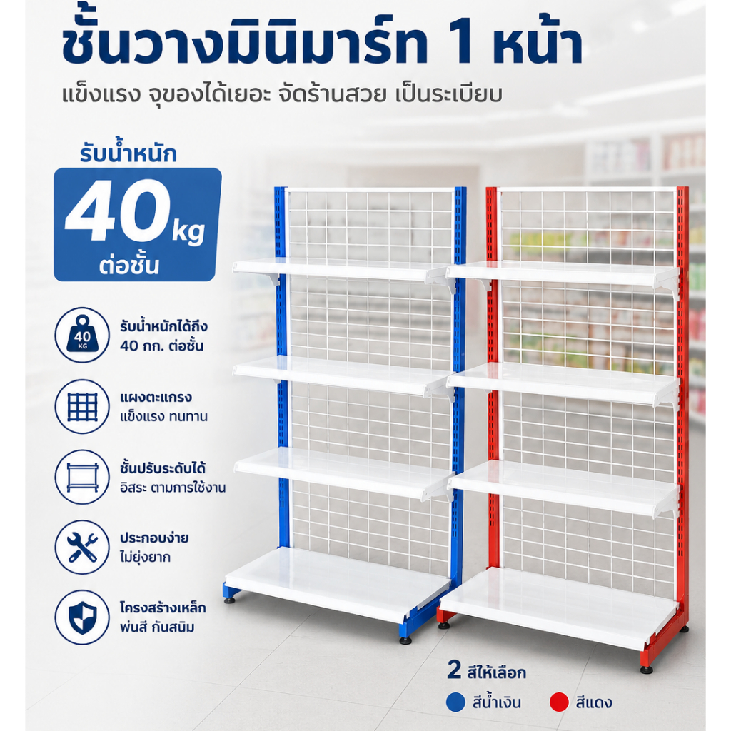 SPBSHELF ชั้นวางสินค้ามินิมาร์ท SPB 4 ชั้นรวมฐาน 1 ชั้น 1 หน้า รับน้ำหนัก 40 kg ต่อแผ่น (ส่งฟรี)