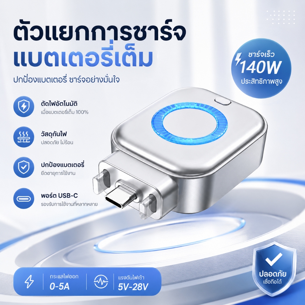 ตัวแปลงหัวชาร์จ Type-C อัจฉริยะ ตัดไฟอัตโนมัติ 5V-28V 0-5A 140W ป้องกันชาร์จเกินมือถือ หูฟัง พาวเวอร์แบงค์