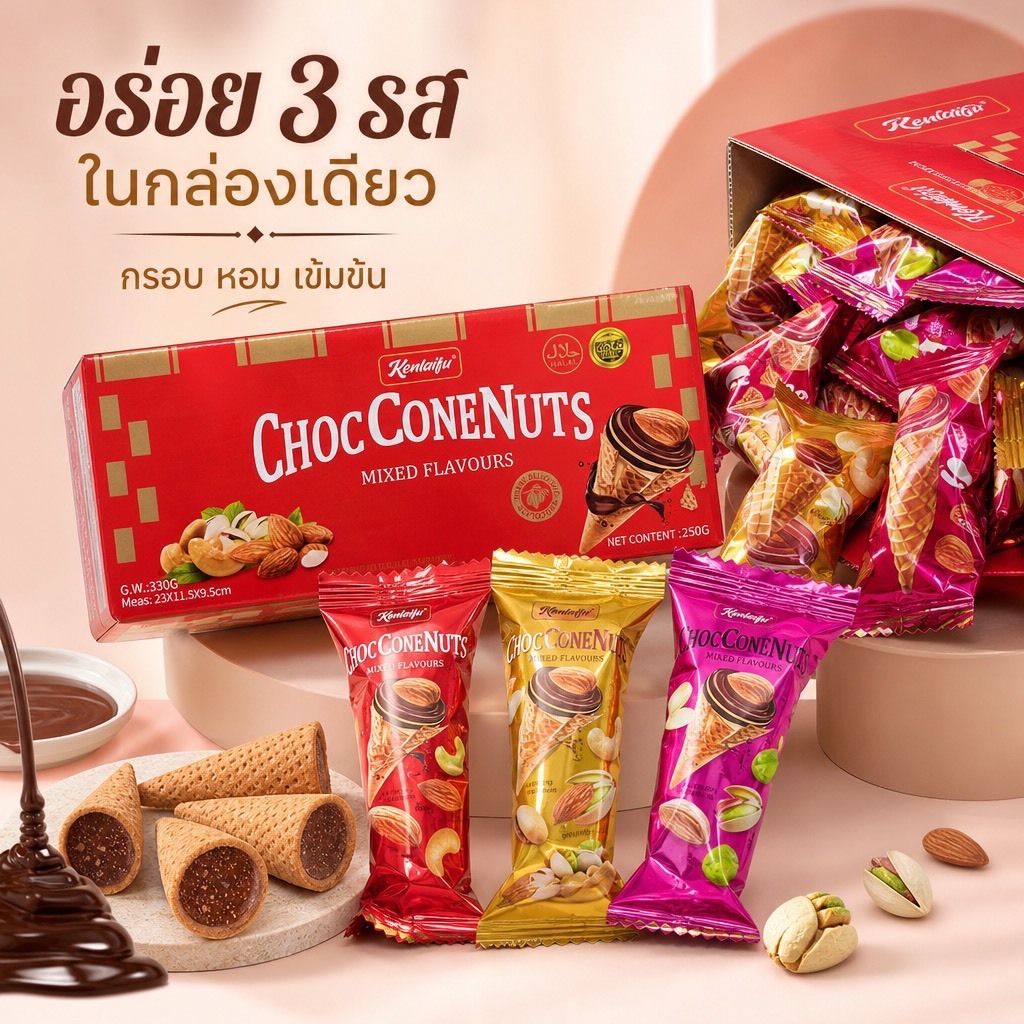 เวเฟอร์กรอบสอดไส้ช็อกโกแลต 3 รสในกล่องเดียว (อัลมอนด์ / พิสตาชิโอ / เม็ดมะม่วง) 250g ขนมเด็ก ช็อกโกแลตเข้มข้น หอม กรอบ อ