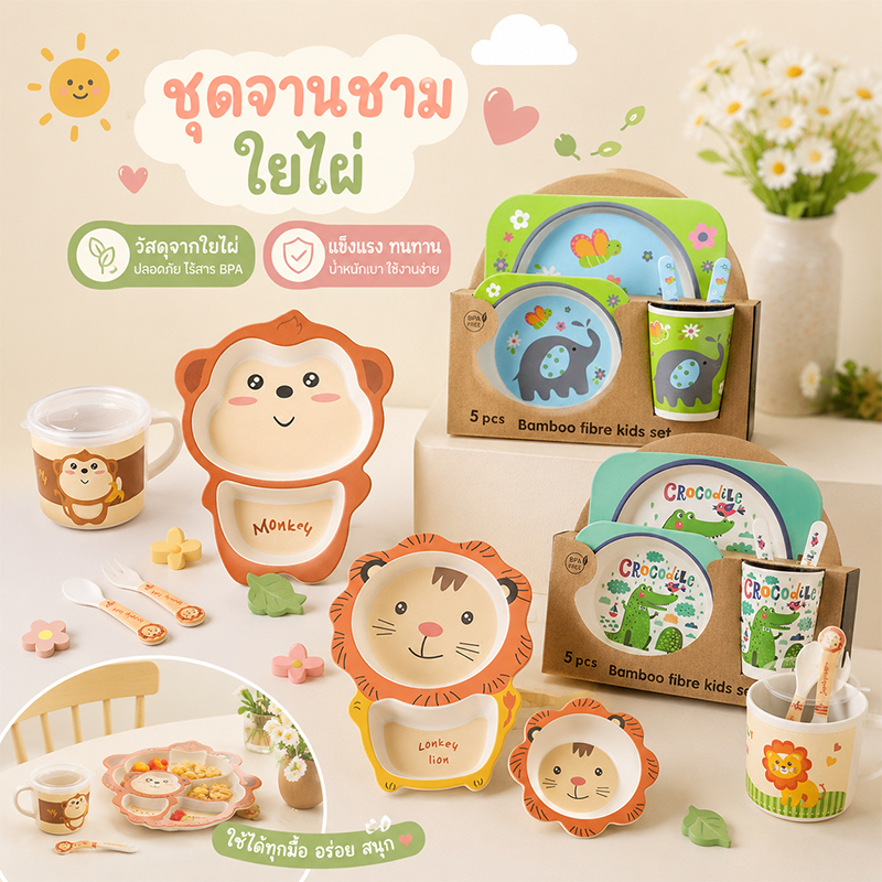 COD จานเด็ก ชามข้าวเด็ก 5PCS ลวดลายน่ารักการ์ตูน ชามเยื่อไผ่ จาน