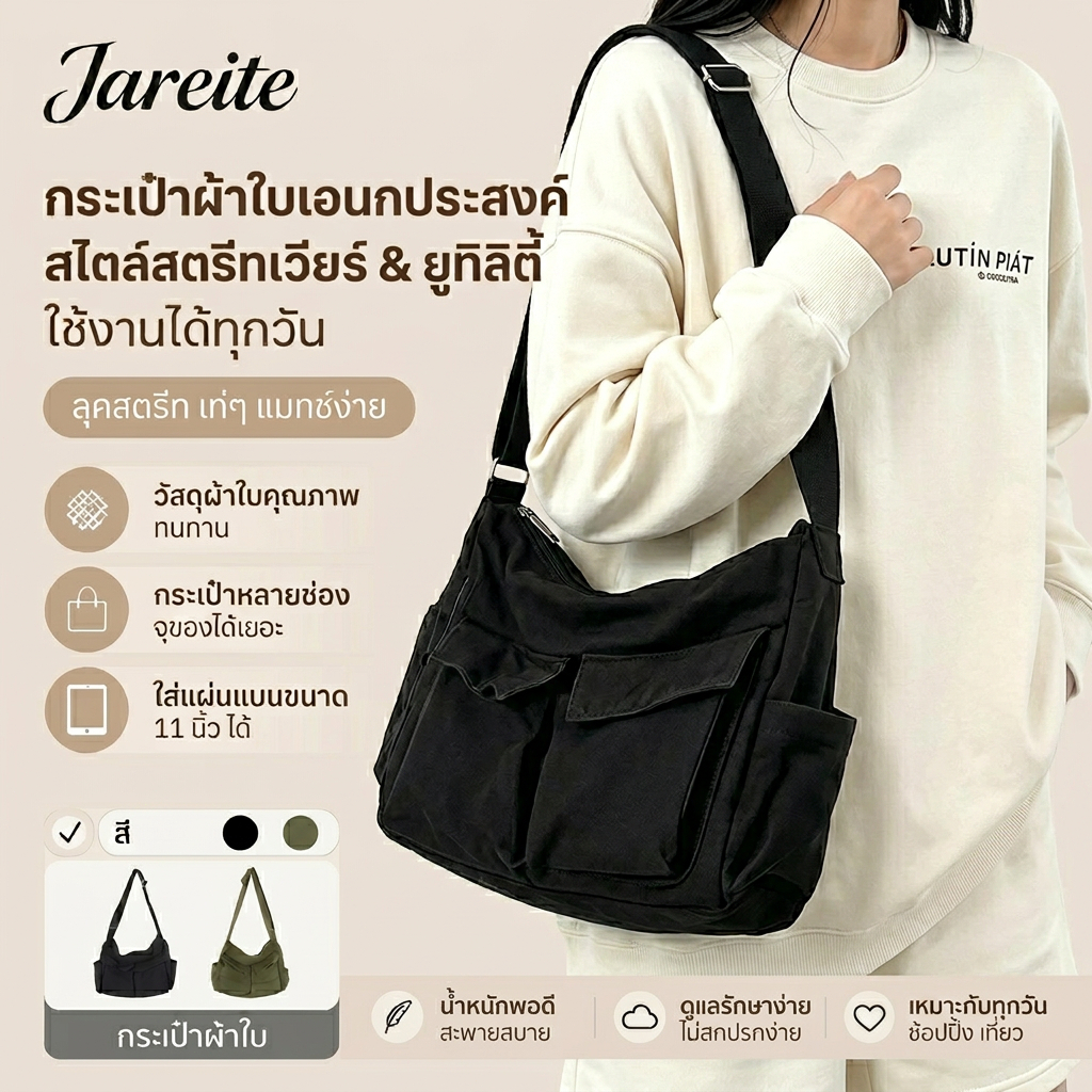 สุดฮิต✨กระเป๋าสะพายข้างผ้าแคนวาส ความจุใหญ่ มีช่องเยอะ สไตล์เกาหลี ใช้ได้ทั้งชายหญิง ไปเรียนทำงานได้ ใส่แท็บเล็ตได้ COD