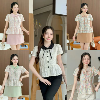 [S-XXL]เสื้อแขนสั้นชายระบายคอบัวเล็กปกลูกไม้ผ้าคอตตอลปักดอก