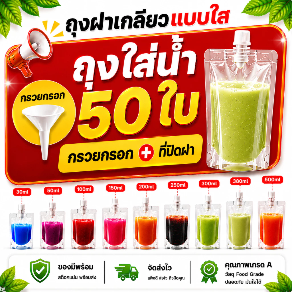 ส่งฟรี (50 ใบ)🎁แถมฟรีกรวยกรอก🎁ถุงฝาเกลียว ก้นตั้งได้ ถุงใส่น้ำ ถุงใส่น้ำจิ้ม ใส่เยลลี่