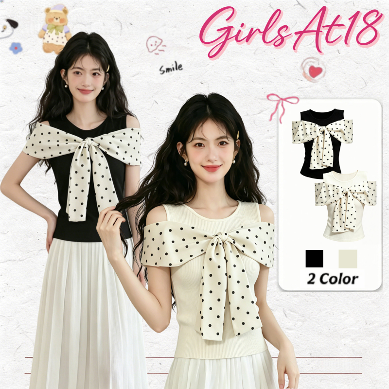 GirlsAt18 พร้อมส่ง🍒เสื้อเปิดไหล่สีดำ โบว์ซาตินลายจุดครีมครอบไหล่ ✨ ลุคหวานแมทช์กระโปรงง่าย