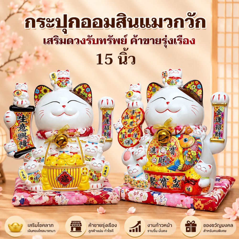 กระปุกออมสิน แมวกวัก ขนาด 15 นิ้ว มี 2 แบบ งานเซรามิก แมวกวักโชคลาภ เรียกทรัพย์ เงินทองไหลมาเทมา