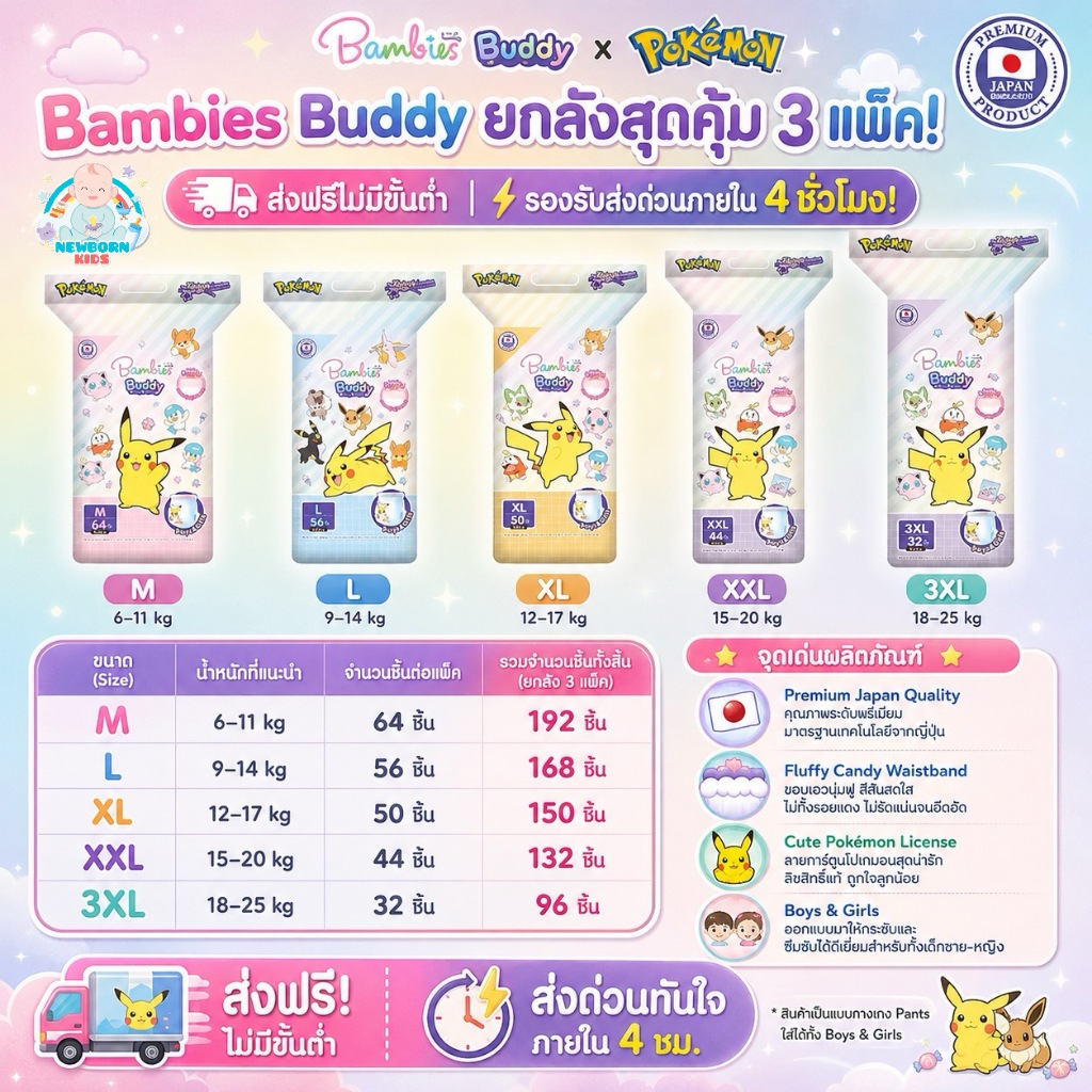 (ยกลัง 3 ห่อ) ผ้าอ้อมเด็กสำเร็จรูป แบมบี้ส์ BUDDY Day&NIGHT Pant
