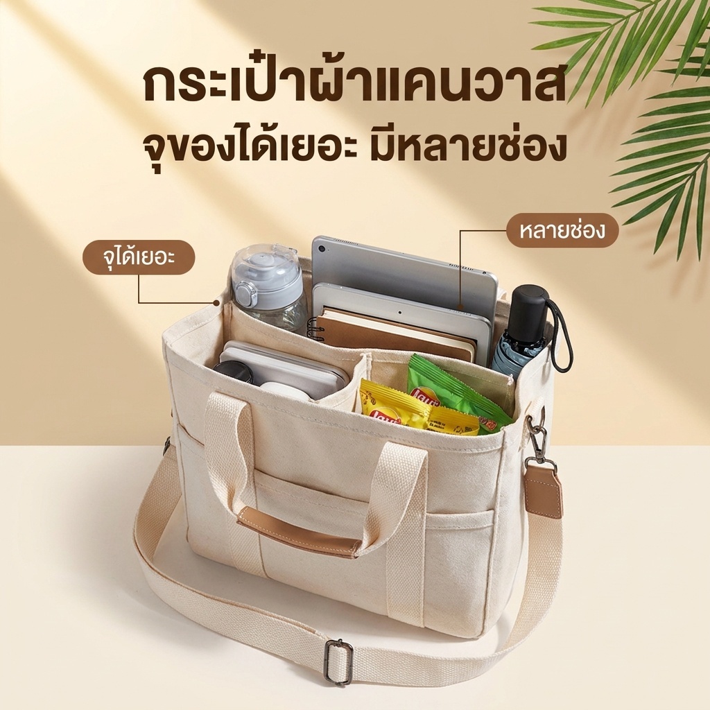 กระเป๋าผ้าแคนวาสผู้หญิง กระเป๋าสะพายไหล่ จุของได้เยอะ รูปที่ 4