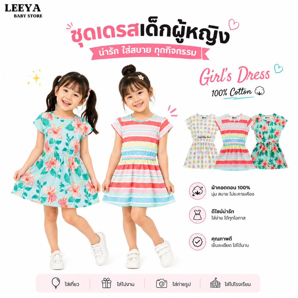 Leeya AQ Hot Item ชุดเดรสเด็กผู้หญิง ทรงสวย แบบน่ารัก Princess 100% Cotton ชุดเด็ก เดรสผ้ายืดเด็ก Baby & Kids Dress
