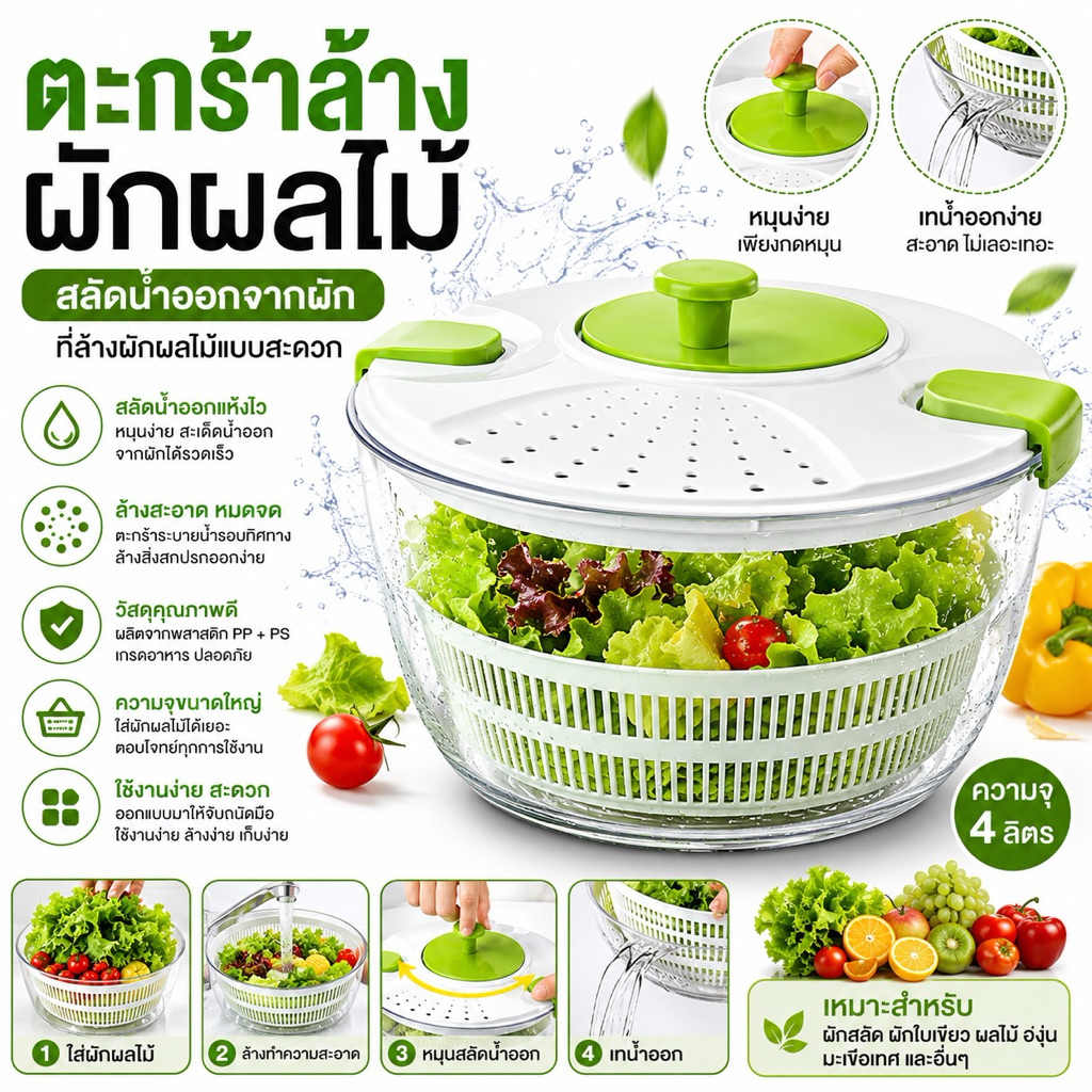 ตะกร้าล้างผักผลไม้ ตะกร้าล้างผักแบบสลัดน้ำออกจากผัก ที่ล้างผักผลไม้แบบสะดวก.