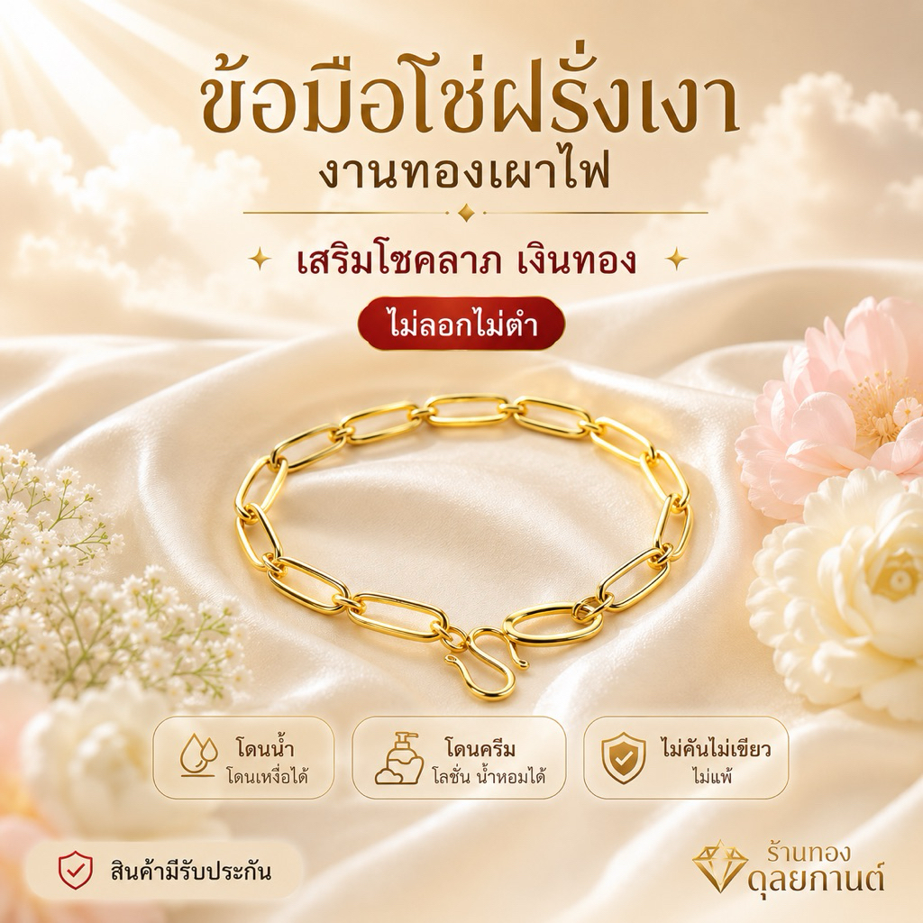 สร้อยข้อมือ ลายโซ่ฝรั่งเงา งานทองเผาไฟ เศษทองคำแท้ ขนาด 6.5 มิล ไซส์ 6-8 นิ้ว (1 เส้น)