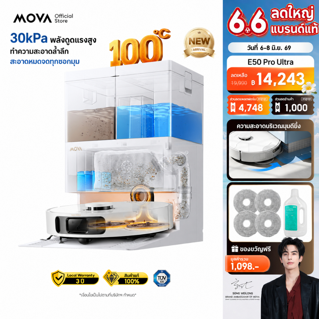 MOVA E50 Pro Ultra หุ่นยนต์ดูดฝุ่นถูพื้น อัตโนมัติ แรงดูด30KPa 2in1 ล้างผ้าถูน้ำร้อน100℃ ป้องกันขนพัน นำทางLDSอัจฉริยะ