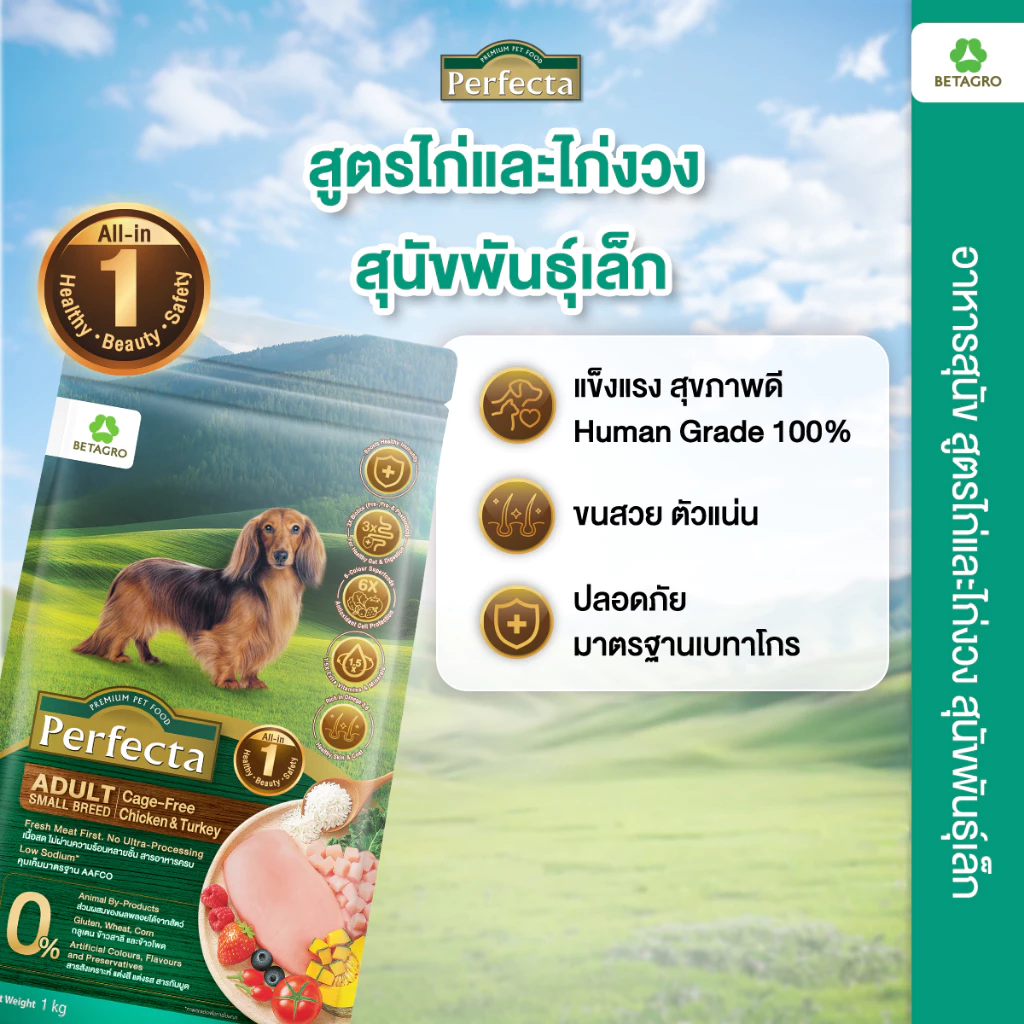 Perfecta อาหารสุนัข เกรดพรีเมี่ยม สุนัขโต พันธุ์เล็ก 1 ปี ขึ้นไป สูตรไก่ เนื้อสดแท้ Human grade ขนาด 3 กก.