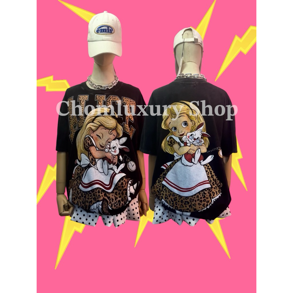 'ꫛꫀꪝ ' เสื้อยืดลายเจ้าหญิงอลิซเสือผ้าฟอก อก 44-46 โอเวอร์ไซส์ ผ้านิ่มใส่สบาย สกีนคมชัด