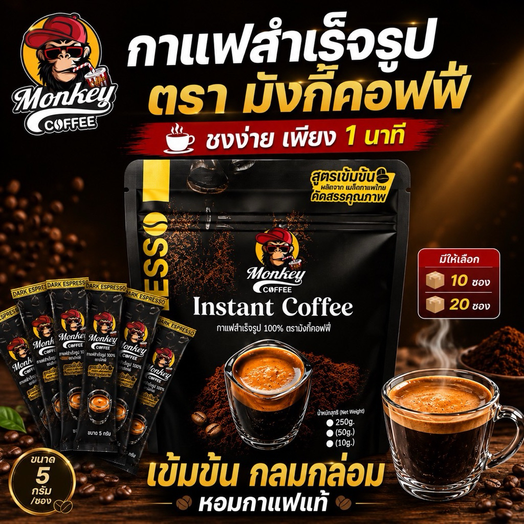 กาแฟสำเร็จรูป ตรามังกี้ ขนาด 5g.บรรจุ 10 ซอง และ 20 ซอง สูตรเข้มข้น
