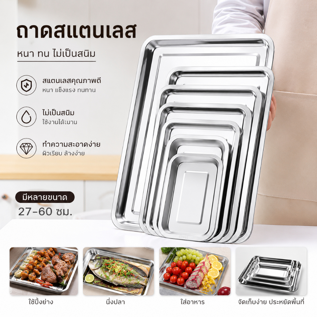 ถาดสี่เหลี่ยมไว้ใส่อาหาร ถาดสี่เหลี่ยมสแตนเลส ถาดเสริฟสแตนเลส ใช้ง่ายใช้ดี