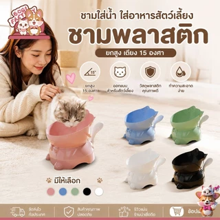 Boqi Factory ชามอาหารสัตว์เลี้ยง ชามพลาสติก ชามหน้าแมว แบบยกสูง เอียง 15 องศา Hjttail