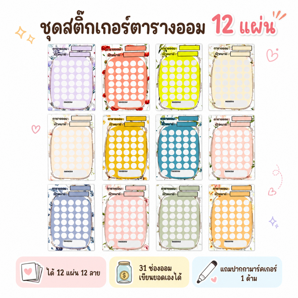 สติ๊กเกอร์ตารางออมเงิน (12 แผ่น 12 ลาย) เขียนยอดออมเองได้ 31 ช่อง วัสดุ PVC กันน้ำ ฟรีปากกามาร์คเกอร์100%