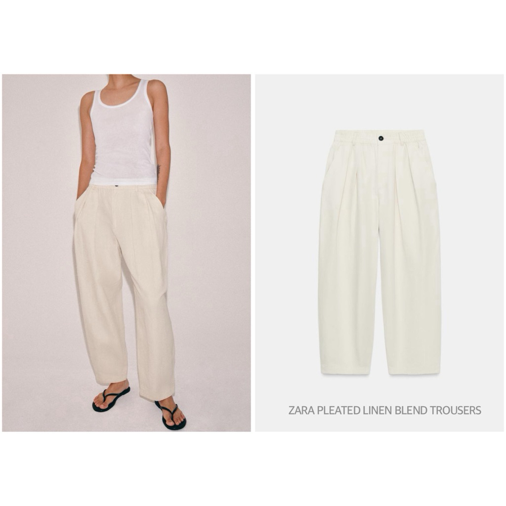 ZARA กางเกงผ้าลินิน ทรงกระบอกใหญ่ เอวสูง PLEATED LINEN BLEND TROUSERS (A2902)