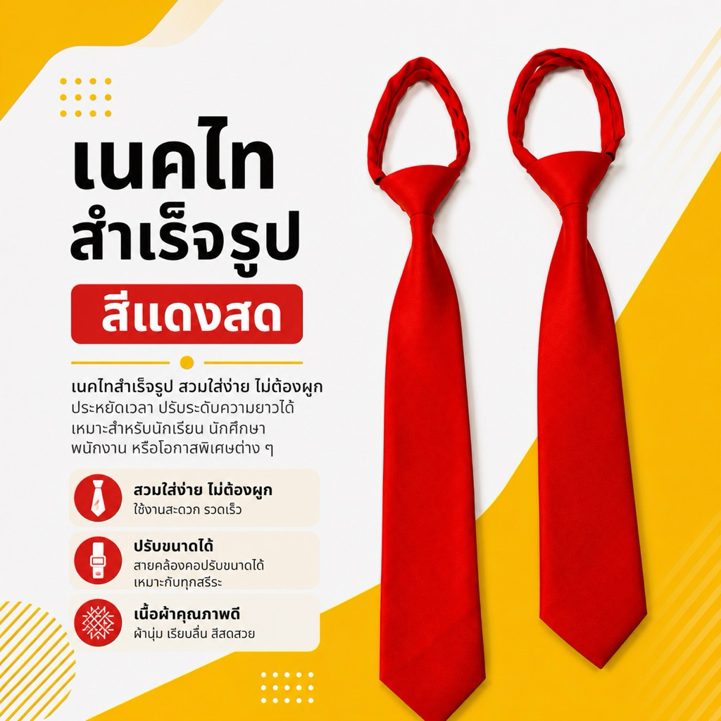 เนคไทสำเร็จรูปสีแดงสด สินค้าไทย พร้อมส่ง
