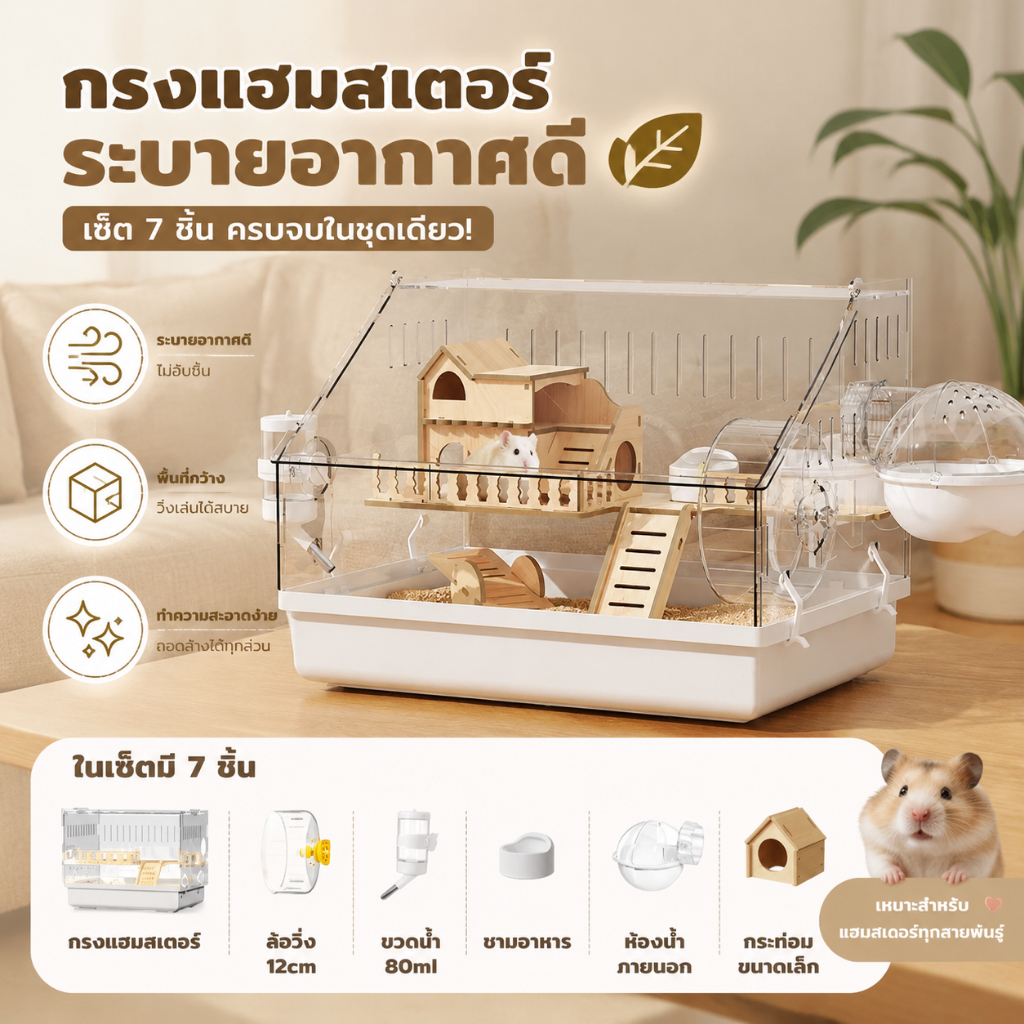 KLYON กรงแฮมสเต กว้างพิเศษ ถอดประกอบได้ ล้อเงียบ ทำความสะอาดง่าย ใส่แฮมสเตอร์ได้ 4-6 ตัว