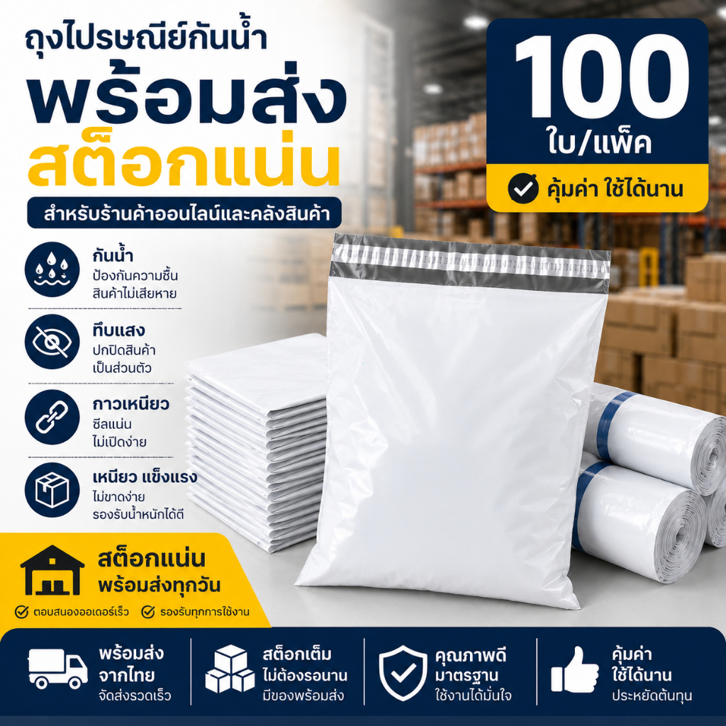 ซองไปรษณีย์ แพ็ค100ใบ กันน้ำฝากาว ถุงไปรษณีย์ ใส่พัสดุสินค้า เนื้อเหนียว คุณภาพดี ซองไปรษณีย์พลาสติก