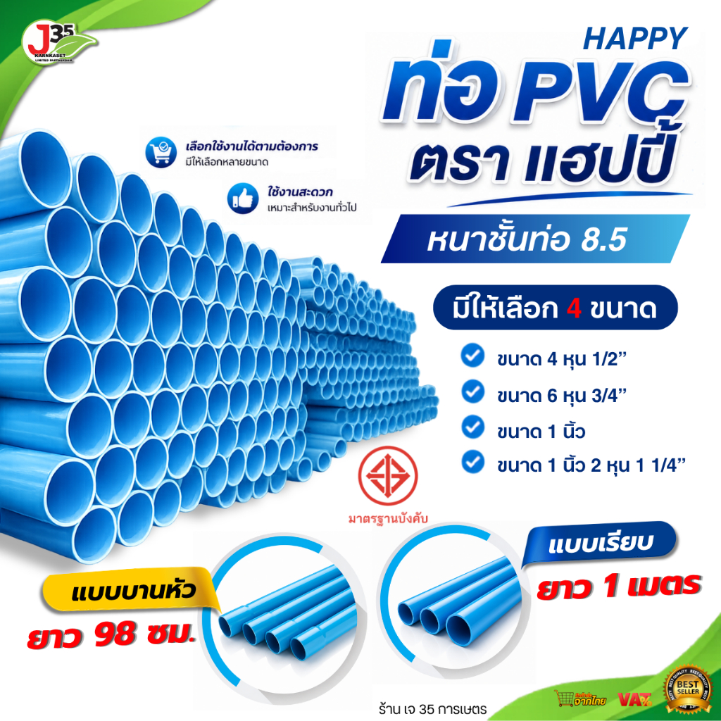 (1เมตร) ท่อ PVC 1/2นิ้ว 3/4นิ้ว 1นิ้ว 1-1/4(นิ้วสอง) แบ่งขาย 1เมตร 98เซนติเมตร ความหนาชั้นท่อ8.5 มอก. PVC