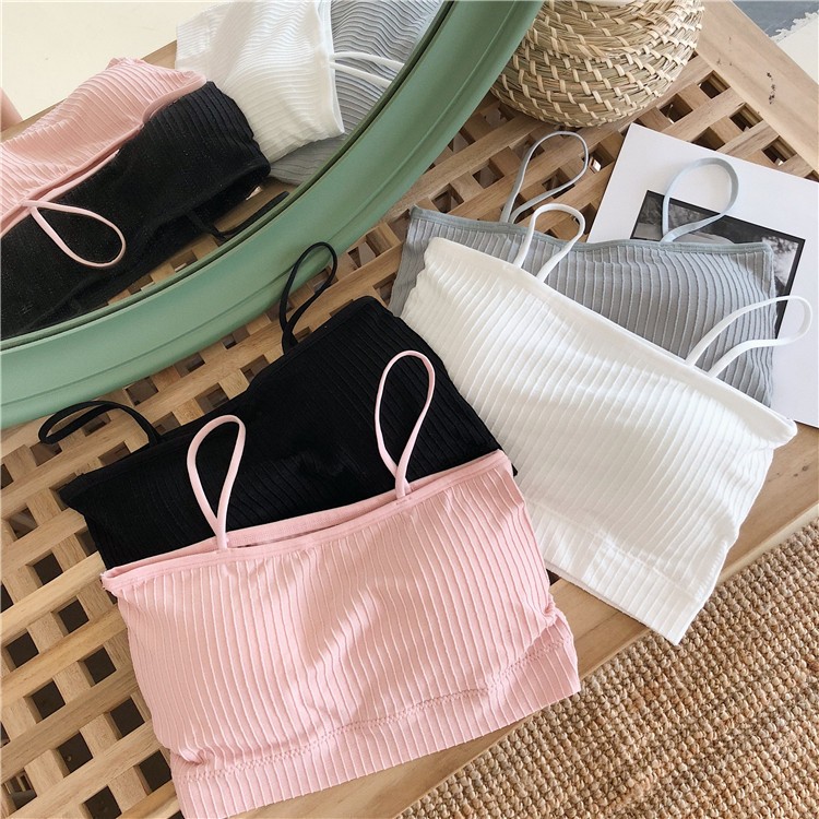 【แพ็ค 2ตัว】สายเดี่ยว สปอร์ตบรา ผ้าร่อง สายสปาเก็ตตี้ ยืดหยุ่นใส่สบาย ฟองน้ำถอดออกได้