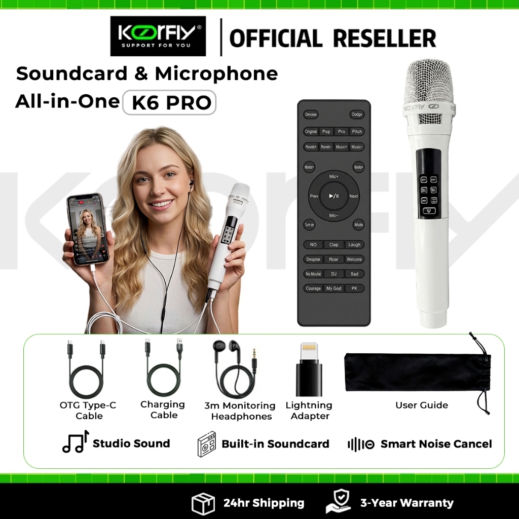 [2026] K6 PRO ไมโครโฟนคาราโอเกะ การ์ดเสียงในตัว ลดเสียงรบกวน 99% เสียงใสระดับสตูดิโอ ต่อมือถือ/TV/ลำโพงรถยนต์/TikTok
