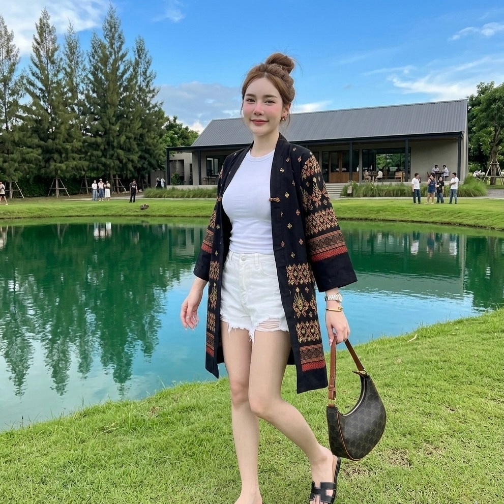 HOMJAI - เสื้อคลุมตัวยาวแขนยาว ผ้าฝ้ายพิมพ์ลายไทย เสื้อคลุมผู้หญิงทรงสวยใส่สบายค่ะ