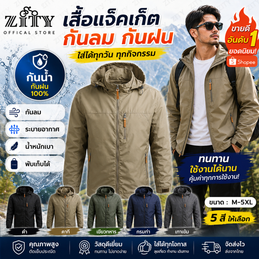 ZITY เสื้อแจ็คเก็ตยุทธวิธี Big Shark กันน้ำ กันลม เสื้อโค้ทมีฮู้ดไนลอนพร้อมซิปหนัง