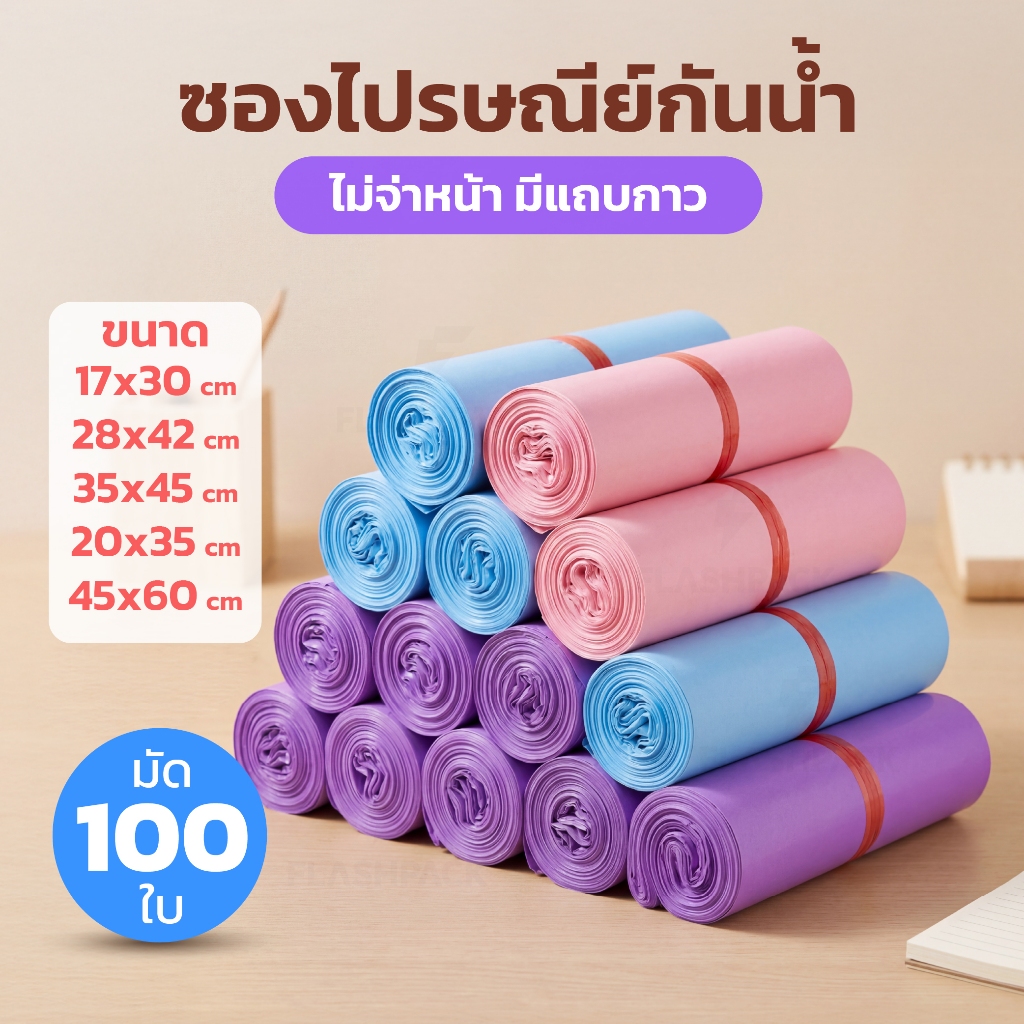 ถูกสุดๆ ถุงไปรษณีย์ 100ใบ แบบสี 17x30 28x42 46x60 20x35 ถุงพัสดุ กันน้ำ แถบกาวติดแน่น ซองไปรษณีย์