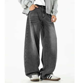 toki-กางเกงยีนส์ขายาวผู้ชาย สีดำเทา ขากระบอก ผ้ายีนส์นิ่ม ทรงสวย baggy jeans ย้อนยุค สไตล์เกาหลี
