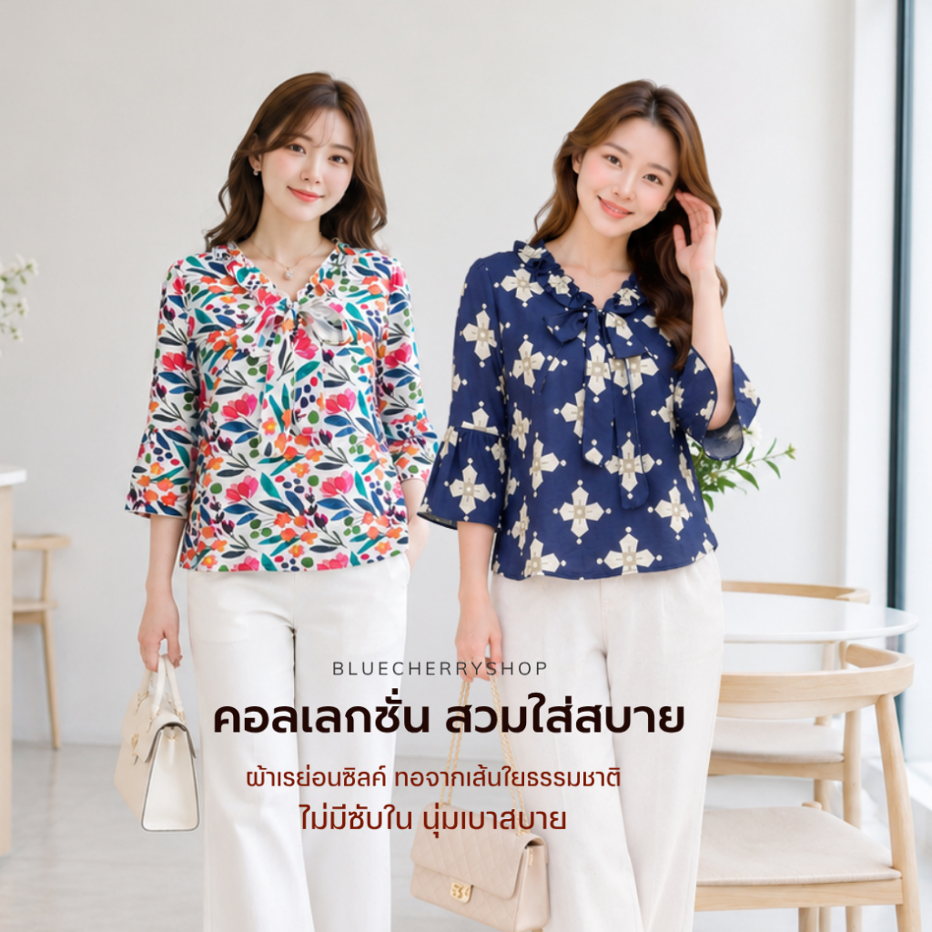 เสื้อสวยเหมือนสั่งตัด เฟื่องฟ้า มีไซส์  38 40 42 44 46 ผลิตจากผ้าเรย่อนซิ้ลค์ ผ้าระบายอากาศดี ใส่สบาย ลายผ้าสวยคลาสสิค b